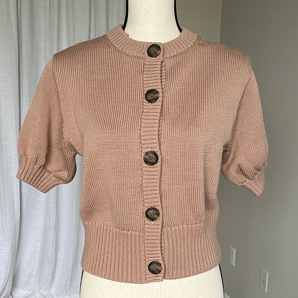 & Other Stories Merino Wool Puff Short Sleeve Button Cardigan Dusty Rose Size S